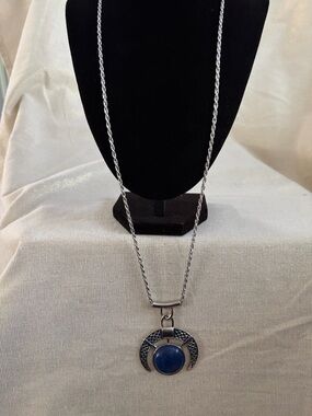 Silver-tone Necklace with Blue Stone Pendant
